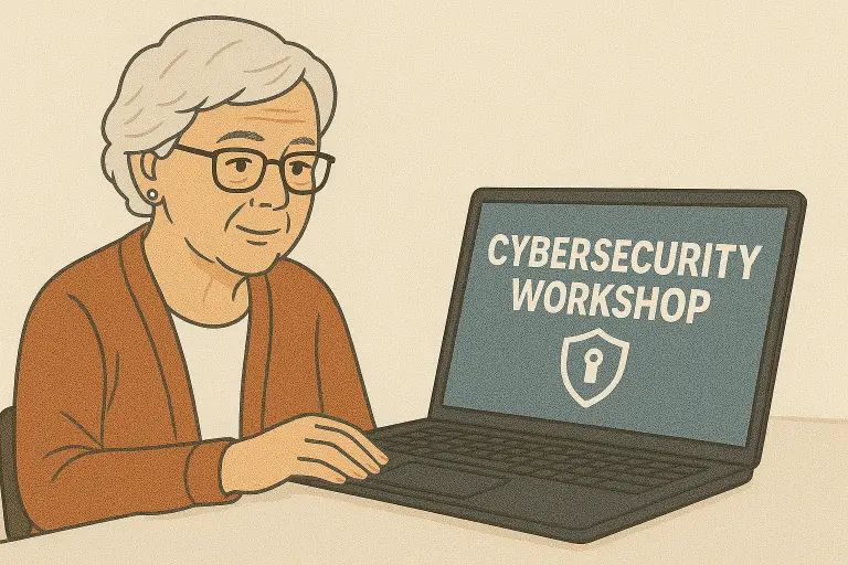 Senior person attending an online cybersecurity workshop on a laptop