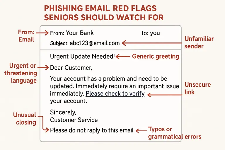 Visual representation of phishing email showing red flags that seniors should watch for