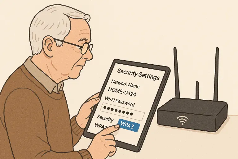 Senior person configuring a home Wi-Fi router with security settings visible on screen