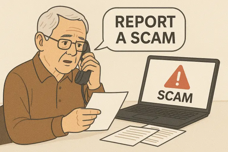 Senior person on phone reporting a scam with documents and computer nearby