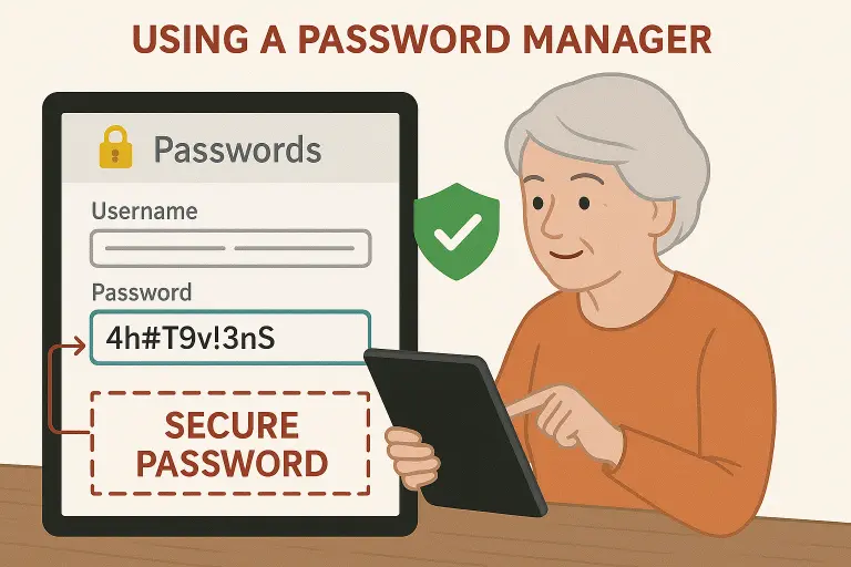 Senior person using a password manager on a tablet with visual representation of secure password creation