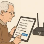 Senior person configuring a home Wi-Fi router with security settings visible on screen