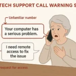 Senior person receiving a fake tech support call with visual warning signs