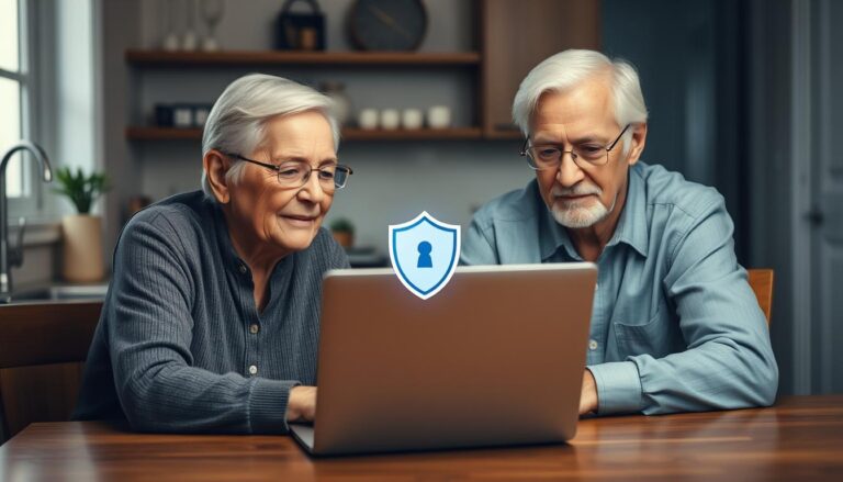Senior couple using a laptop with a security shield icon displayed on screen, representing cybersecurity for seniors