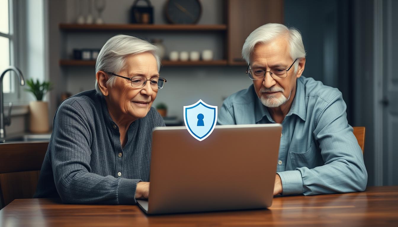 Senior couple using a laptop with a security shield icon displayed on screen, representing cybersecurity for seniors